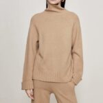 NARI Aw Fine Craft Women's Simple Cashmere Sweater Knitted Turtle Neck Long Cuffs Button Cuffs Warm Cashmere Sweater Top
