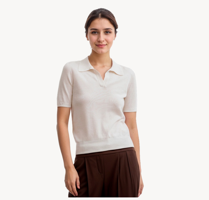 Hc8d82c8add0245499513717a088b203d0 NARI Italian High End Cashmere Sweater Polo Shirts Ladies' 100% Worsted Spun Yarn Cashmere Short Sleeved Sweater for Summer - Image 1