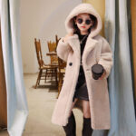Children Long Warm Genuine Sheep Shearling Fur Teddy Coat With Hood Winter Cute Kids Teddy Fleece Coat - Image 3
