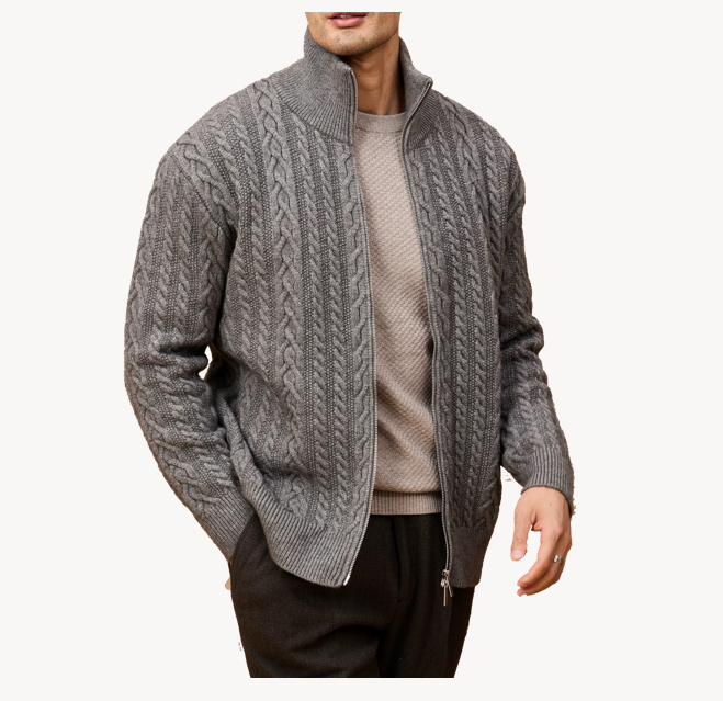 H775658edc00b41dab8e69bddbbb6e264X NARI Men's Office Wear OEM&ODM Cable Knit Merino Wool Sweater Cardigan Double Zipper Turtle Neck Knitting Wear Cardigan Pullover - Image 1