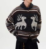 NARI Men's Fair Isle Knit Zipper up Wool Cardigan Sweater Jumper Reindeer Pattern Knitted Long Sleeve Pullover Top for Winter - Image 2