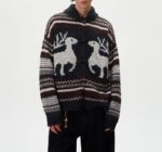 NARI Men's Fair Isle Knit Zipper up Wool Cardigan Sweater Jumper Reindeer Pattern Knitted Long Sleeve Pullover Top for Winter