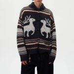 NARI Men's Fair Isle Knit Zipper up Wool Cardigan Sweater Jumper Reindeer Pattern Knitted Long Sleeve Pullover Top for Winter
