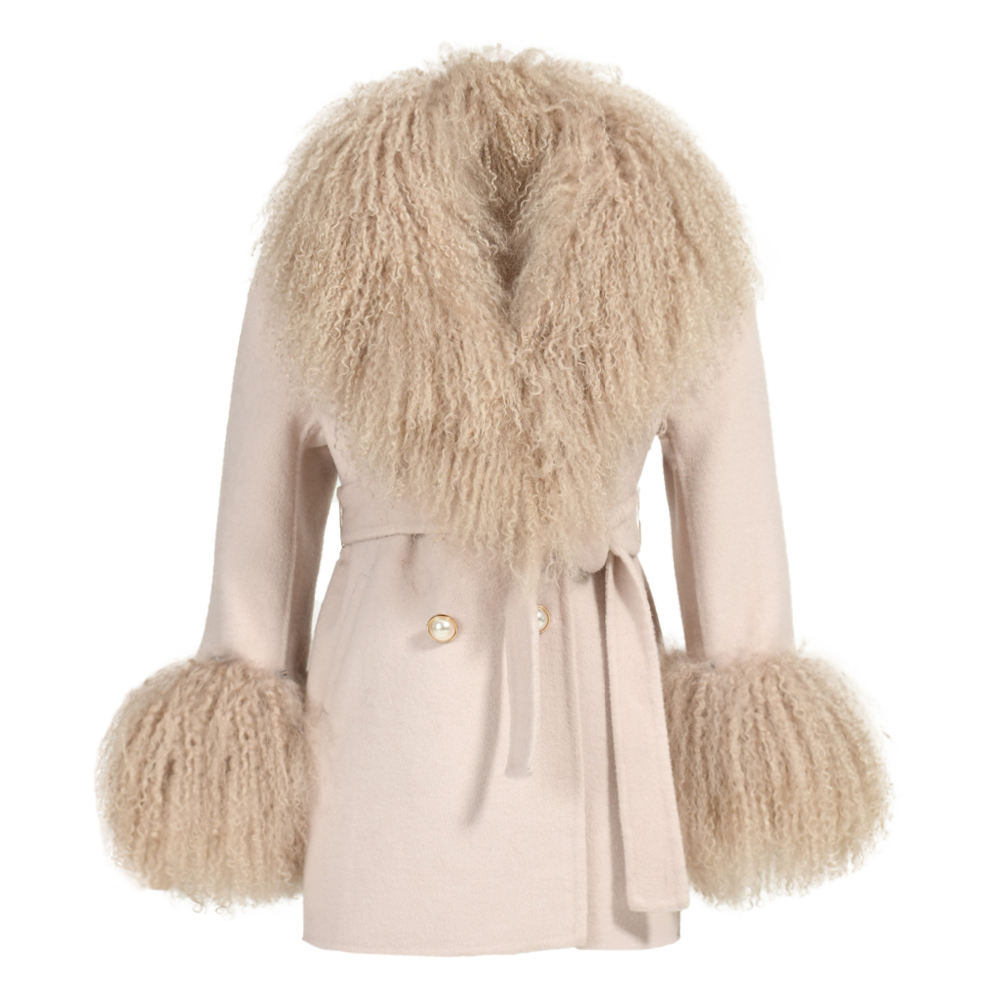 Ha83717a2d16e4943a2fbe00b1ca0c35fo Wholesale Handmade Sew Toddler Belt Design Pocket Wool Coat With Real Mongolian Fur Collar Custom Kid Cashmere Coats - Image 1