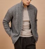 NARI Men's Office Wear OEM&ODM Cable Knit Merino Wool Sweater Cardigan Double Zipper Turtle Neck Knitting Wear Cardigan Pullover - Image 3